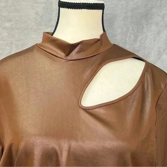 Olivia‎ Jordan Long Sleeves High Neck Liquid Shine Front Cut Out Top Blouse Sz L - Picture 3 of 8